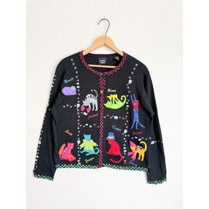 Christina Rotelli Cardigan Cat Novelty Art to Wear Black Cotton Knit Sweater L